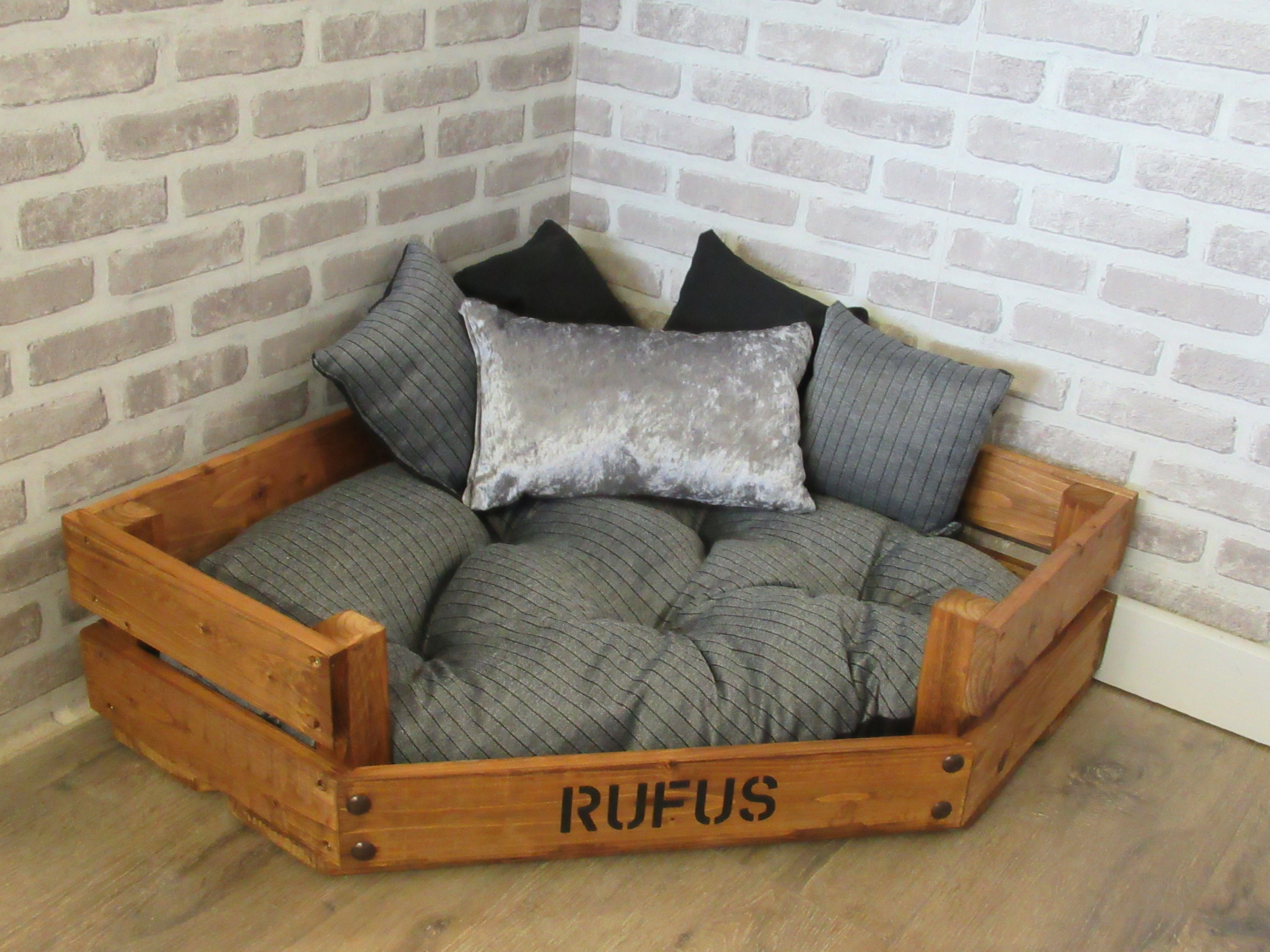 Large Personalised Rustic Wooden Corner Dog Bed in Grey and Etsy UK