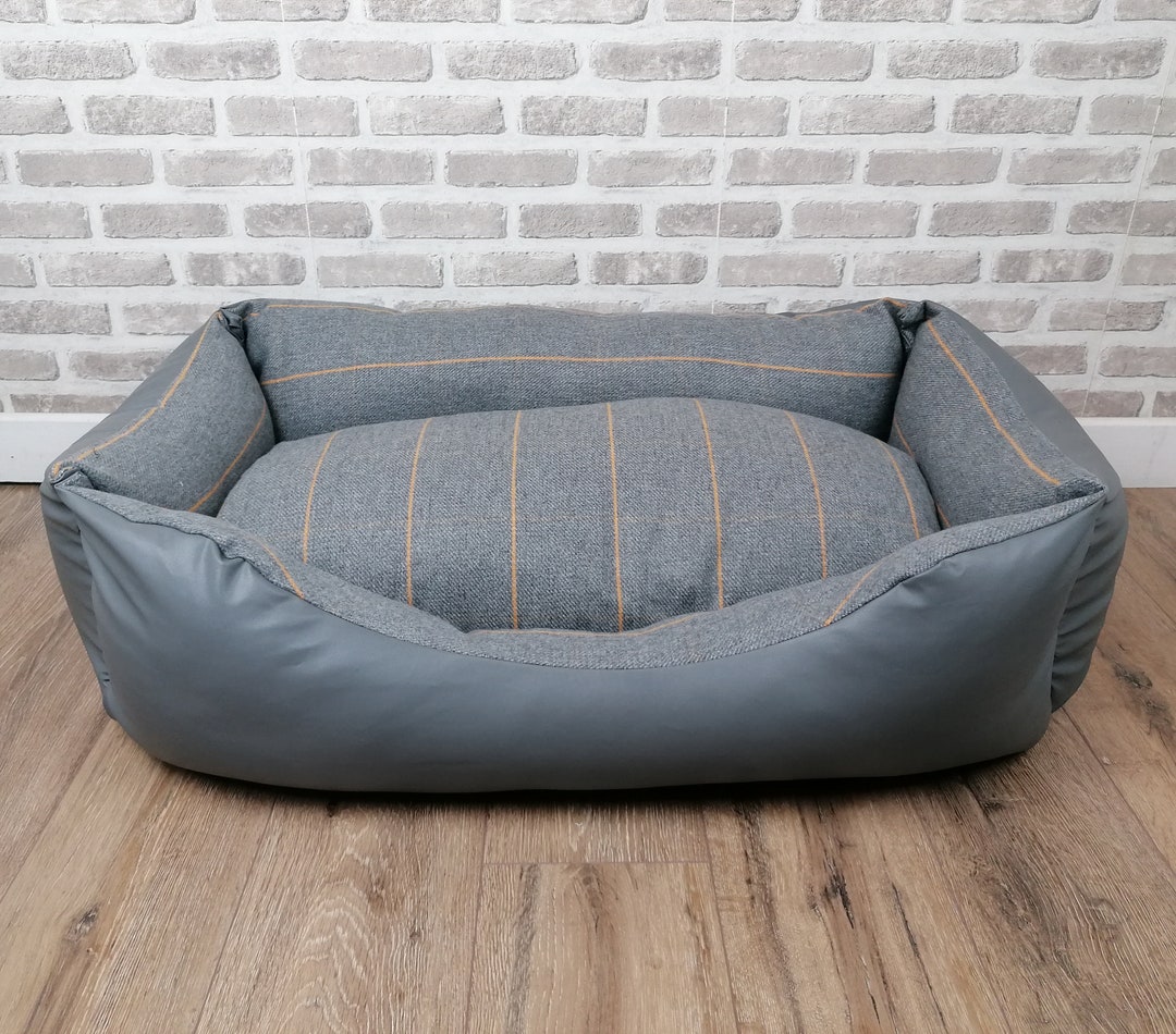 Grey Faux Leather Dog Bed With Grey Wool Feel Fabric Inner Etsy