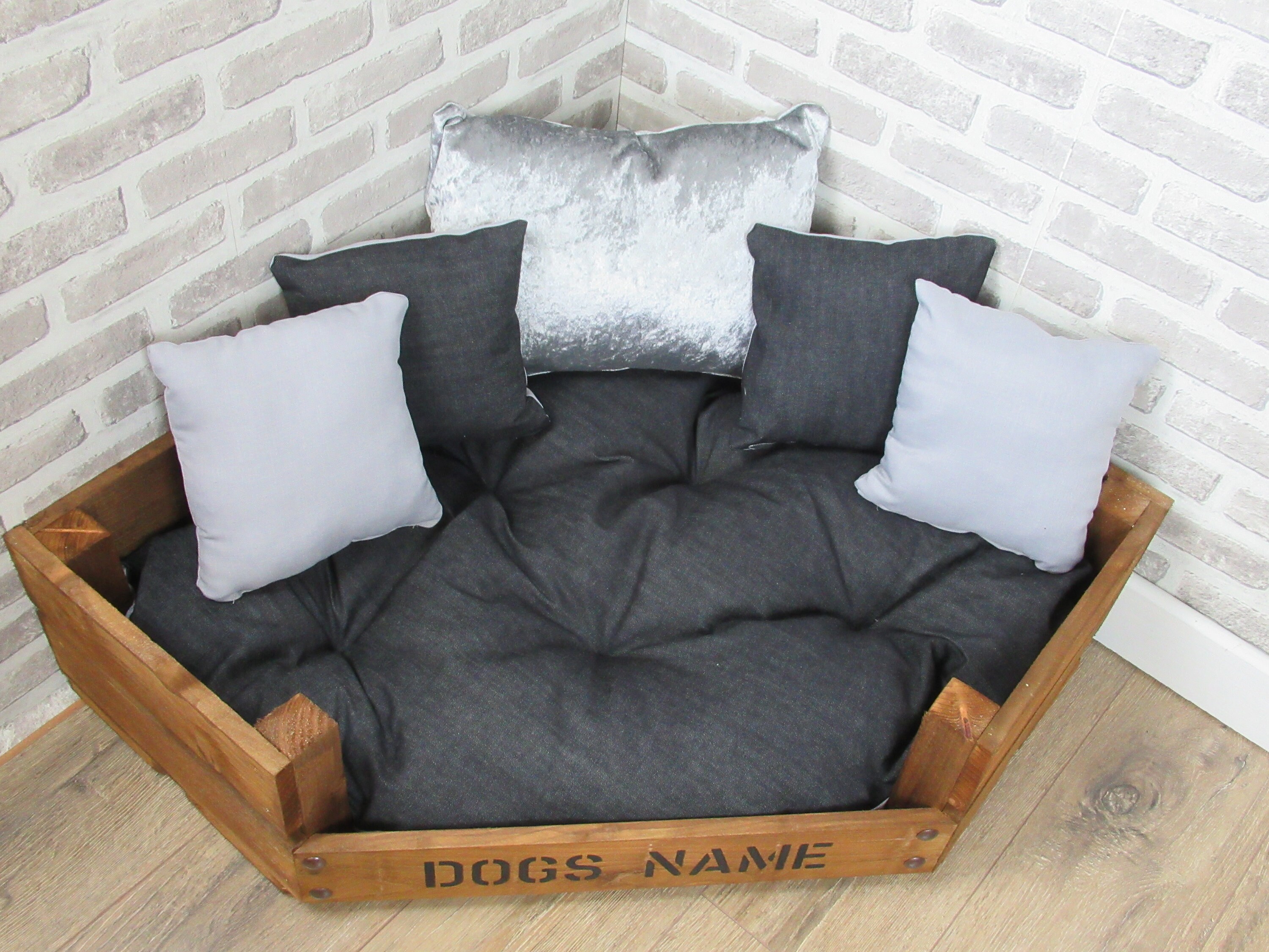 Large Personalised Rustic Wooden Corner Dog Bed In Dark Blue Etsy