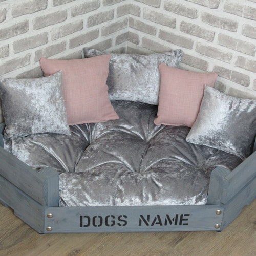 XL Personalised Rustic Wooden Corner Dog Bed in Grey Fabric Etsy