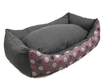 Grey/Purple Spotted Dog Bed With Removable Inner Cushion