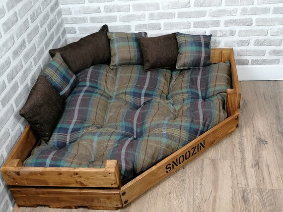 XL Personalised Rustic Wooden Corner Dog Bed Multi Colour Wool - Etsy UK