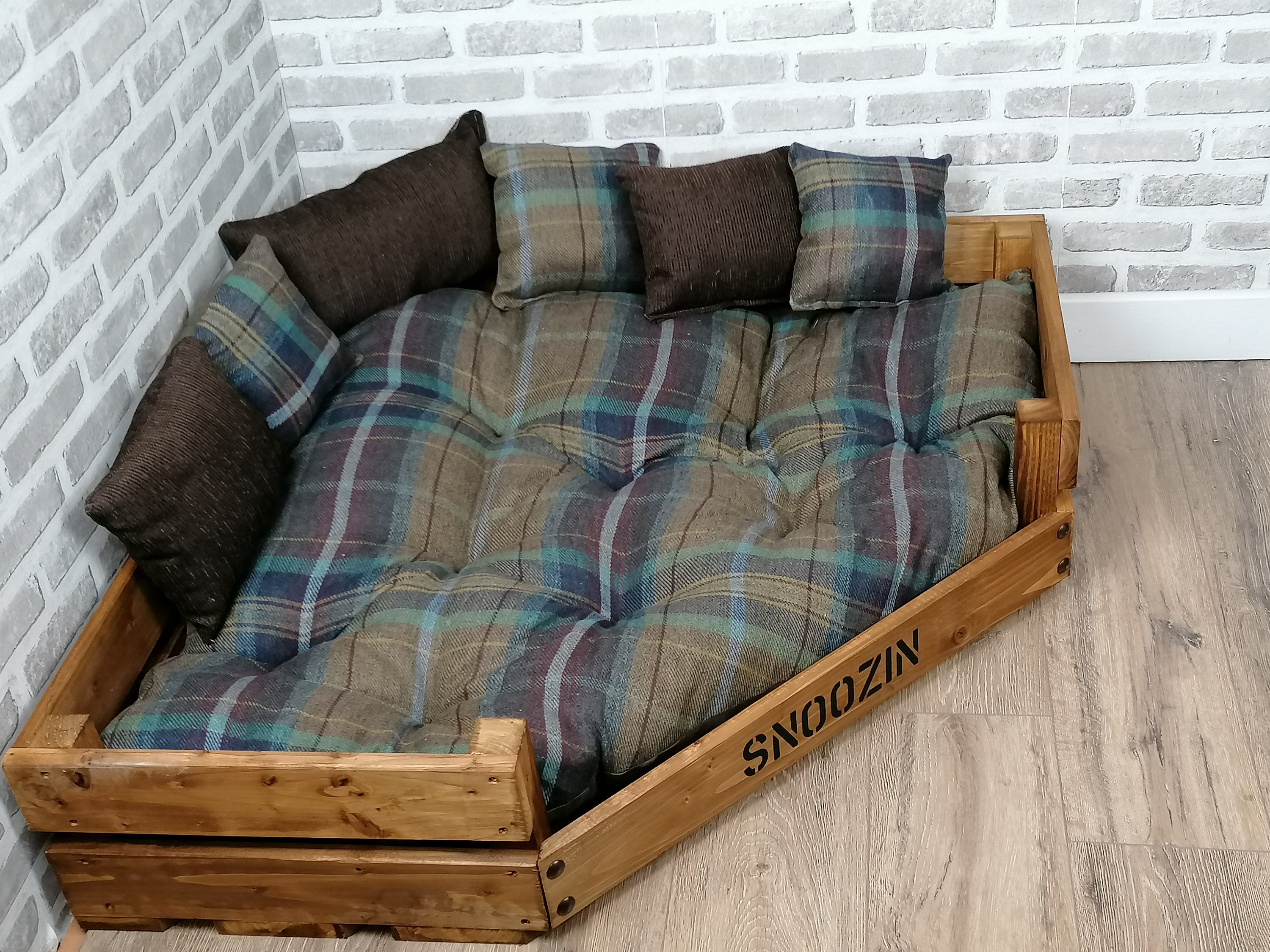 XL Personalised Rustic Wooden Corner Dog Bed Multi Colour Wool Etsy UK