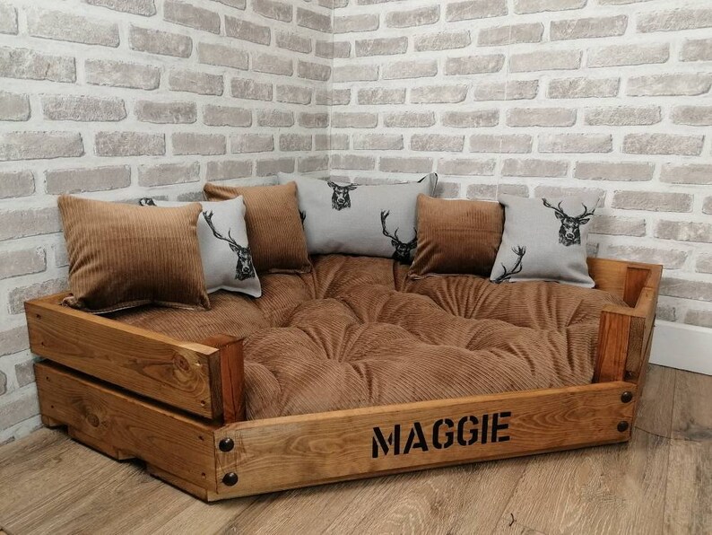 XL Wooden Corner Dog Bed in Tan Cord With Matching Cushions Etsy UK