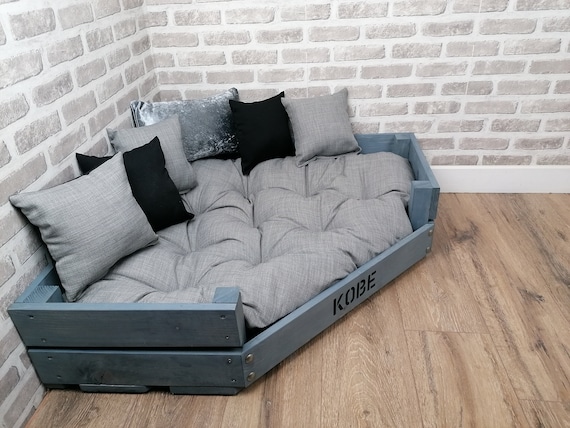 XL Personalised Rustic Grey Wooden Corner Dog Bed in Grey black silver Fabric Etsy