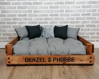 XL Personalised Wooden Rustic  Dog Bed Complete With Soft Cushions In Various Colours