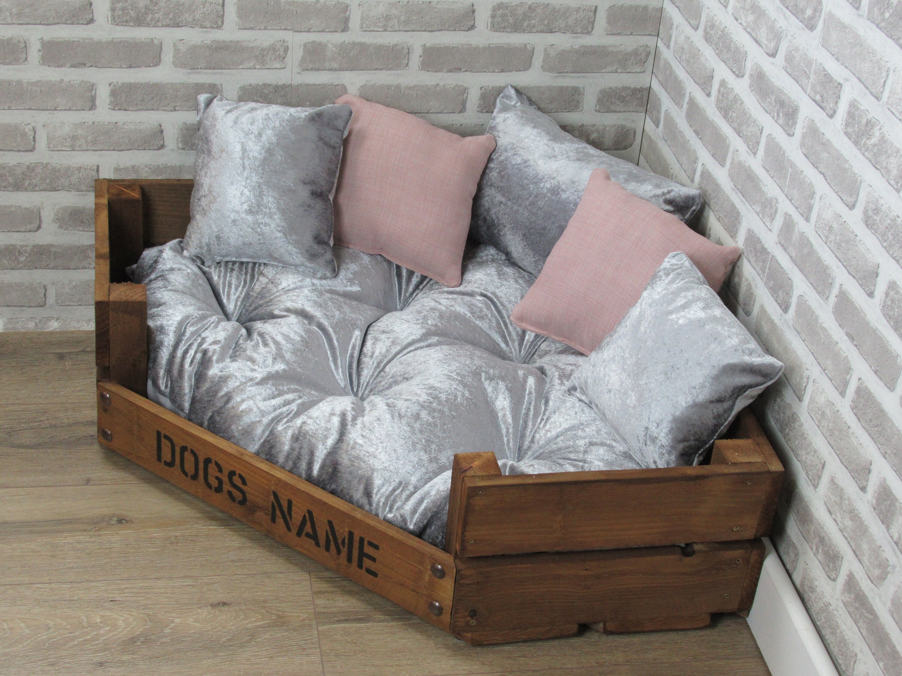 Large Personalised Rustic Wooden Corner Dog Bed in Grey - Etsy