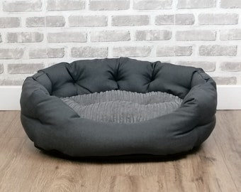 Washable Grey Cord Dog/ Cat Bed With Button Style Stitch in Small or Large