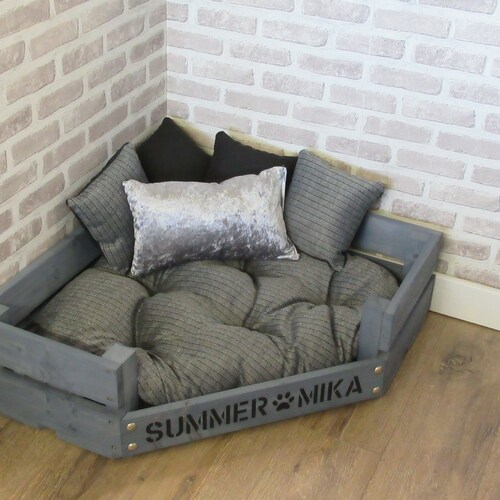 Large Personalised Rustic Wooden Corner Dog Bed in Grey and Etsy UK