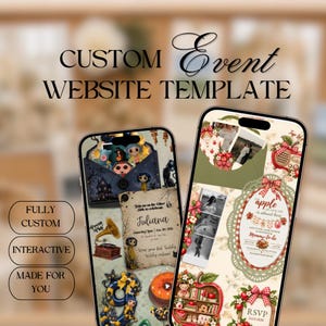 May include: Two smartphones displaying custom event website templates. The left screen shows a dark, illustrated theme with an envelope and text. The right screen features an apple-themed baby shower design with photos, text, and RSVP buttons. Text reads: CUSTOM EVENT WEBSITE TEMPLATE, FULLY CUSTOM, INTERACTIVE, MADE FOR YOU.