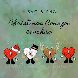 May include: Four Christmas-themed concha heart-shaped cookies with faces. The cookies are decorated with red, white, and brown icing. The cookies are wearing a Santa hat, a top hat, reindeer antlers, and a Santa hat. The text "Christmas Corazon conchas" is written above the cookies.