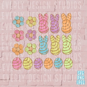 May include: A set of 18 colorful Easter-themed graphics featuring bunny shapes, flowers, and eggs. The graphics are in various shades of pink, purple, blue, yellow, and orange.