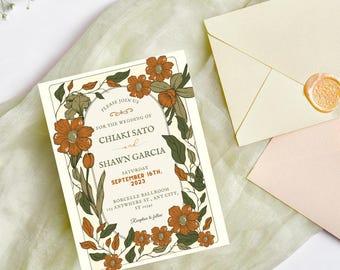 May include: Wedding invitation with floral design in shades of orange, green, and cream. The invitation includes the names Chiaki Sato and Shawn Garcia, with the date September 16th, 2023. Two envelopes are also visible, one with a wax seal.