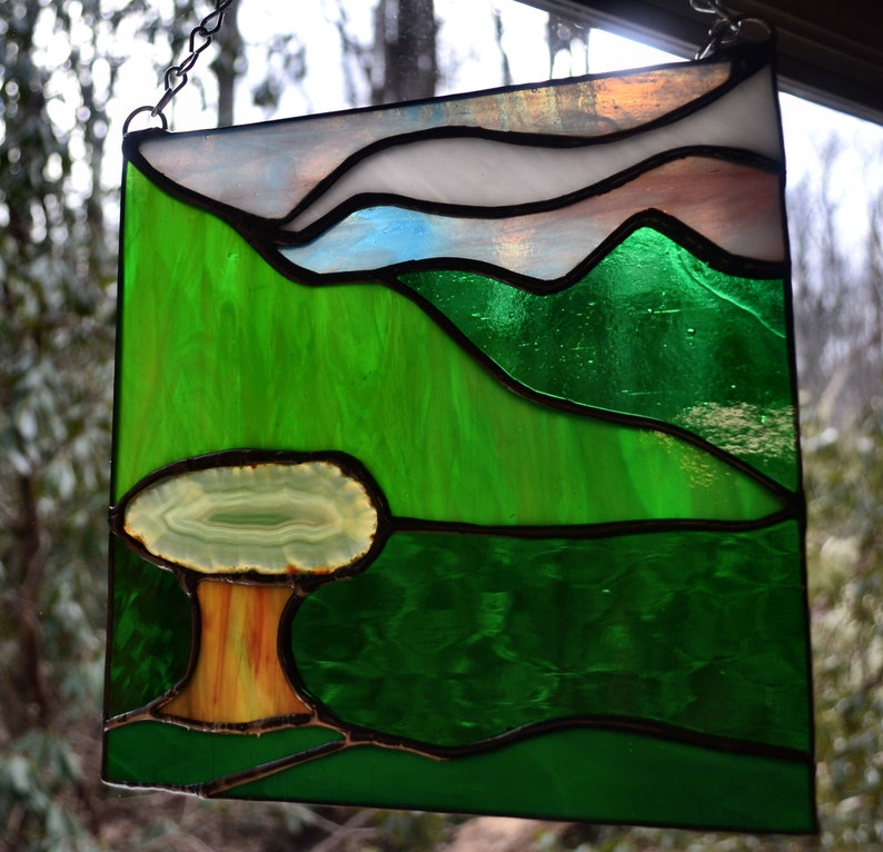 Stained Glass TreeNatureMountain Scene 8Wx8H Agate SunCatcher Panel