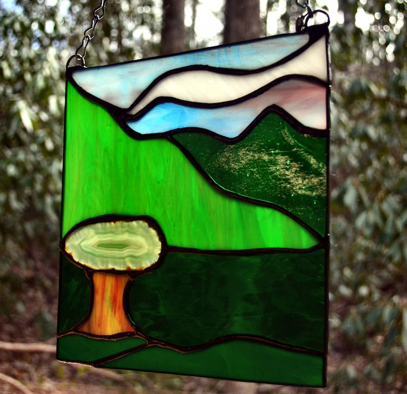 Stained Glass TreeNatureMountain Scene 8Wx8H Agate SunCatcher Panel