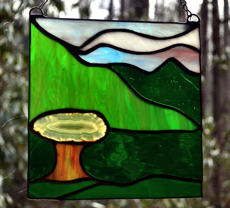 Stained Glass TreeNatureMountain Scene 8Wx8H Agate SunCatcher Panel