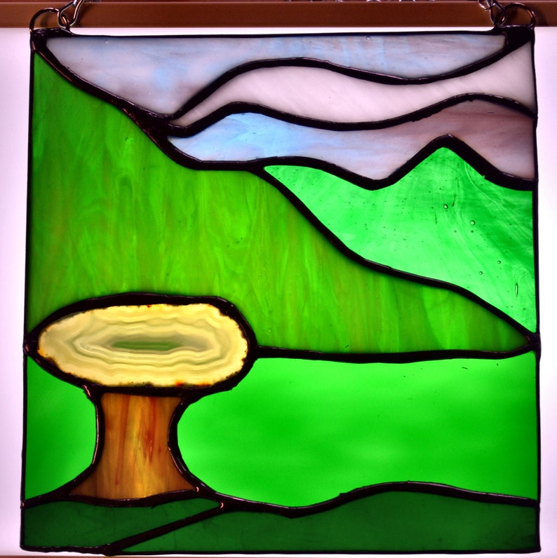 Stained Glass TreeNatureMountain Scene 8Wx8H Agate SunCatcher Panel