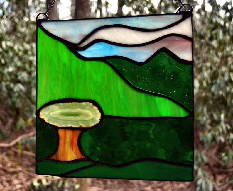 Stained Glass TreeNatureMountain Scene 8Wx8H Agate SunCatcher Panel
