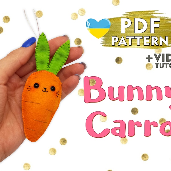 Cute Easter bunny-carrot, pattern PDF + video tutorial DIY, Easter felt decoration, felt ornament kawai rabbit carrot how to