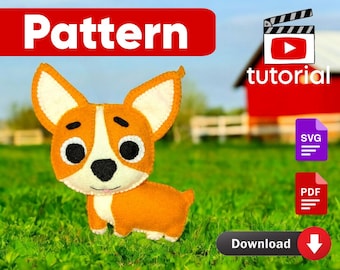 May include: A felt pattern for a cute orange and white cartoon dog with big eyes. The pattern is available for download in SVG and PDF formats. The image also includes the text "Pattern" and "tutorial".