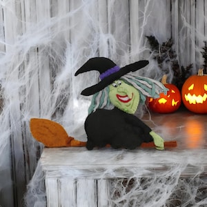 Handmade Felt Witch Decoration on Broomstick – Halloween or Holiday Decor
