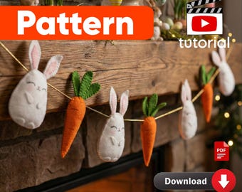 DIY Easter Bunny Carrot Garland, Felt Sewing Pattern (PDF Pattern + Video Tutorial