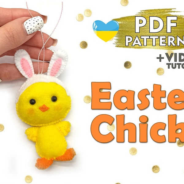 Cute Easter chick, Easter felt decoration, pattern PDF + video tutorial DIY, felt ornament kawai chick white rabbit how to