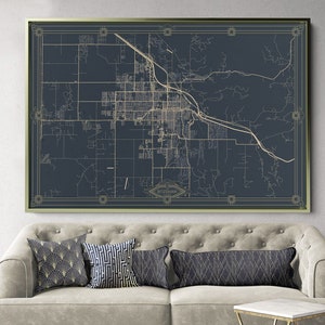BIRMINGHAM Alabama Framed Canvas Map Print Retro Style Floating Frame Wall Art  Ready to Hang White Floater Frame Beige Green Tan  Retro Map