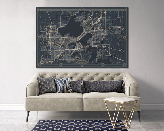 Madison Wisconsin Canvas Map Wall Art Canvas City Map Soft Pastel Colors White Ivory Navy Shades