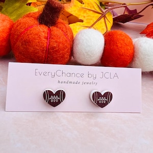 Football Stud earrings, football earrings, sports earrings, school spirit earrings, heart football earrings, team mom, game day earrings