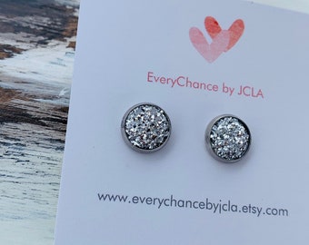 Silber Druzy Ohrstecker, hypoallergene Edelstahl Ohrringe