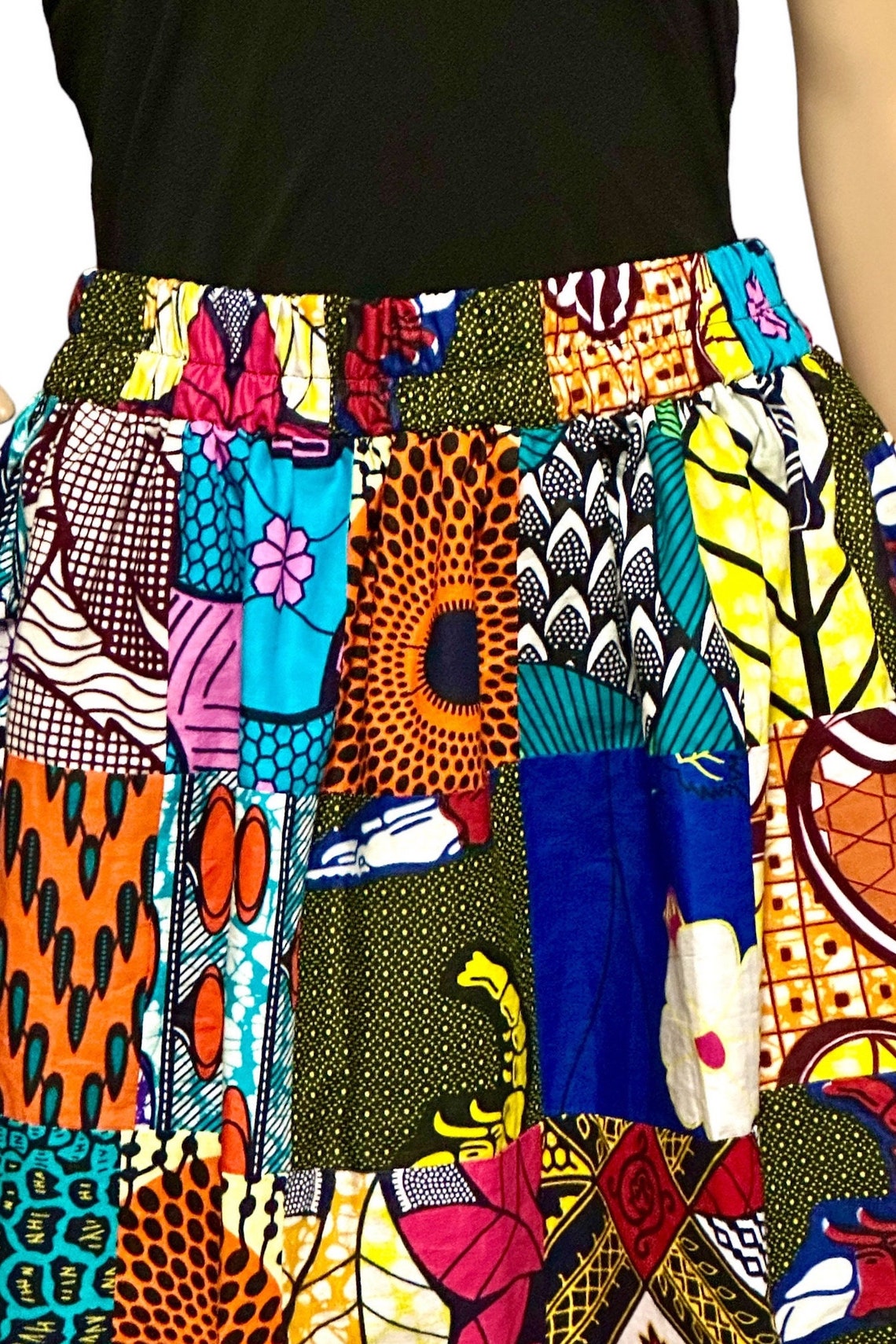 Abstract Print Asymmetrical Patchwork Midi Skirt