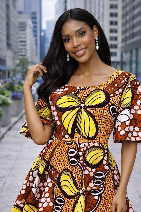 a line african print dress Handmade Ankara A-line Dress, African Print, Flutter Sleeve