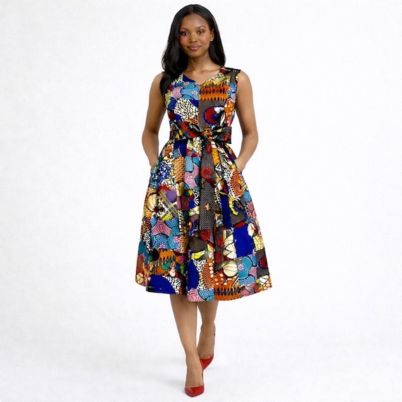 Vibrant Patchwork Ankara Midi Dress, Handmade African Print Formal Gown Vibrant Patchwork Ankara Midi Dress, Handmade African Print Formal Gown