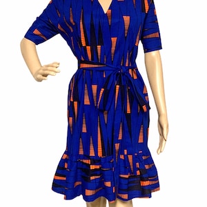 Vestido estampado africano hecho a mano, elegante vestido Ankara, vestido africano, vestido recto con dobladillo con volantes, vestido de tela africana auténtica 100 % algodón