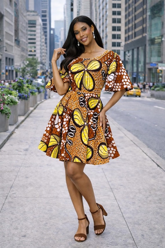 african print a line dresses Handmade Ankara A-Line Dress, African Print, Flutter Sleeve