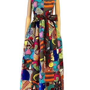 Handmade African Print Patchwork Maxi Dress With Pockets And Belt, 100% Cotton, Handcrafted With Authentic African Fabrics