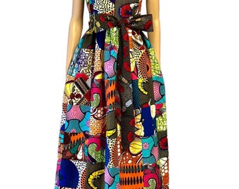 Handmade African Print Patchwork Maxi Dress With Pockets And Belt, 100% Cotton, Handcrafted With Authentic African Fabrics