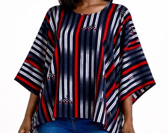 African Print Tunic Top, Loose Fit Kaftan Blouse, Dashiki Style Women's Top