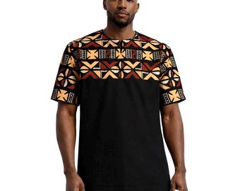 Men's Ankara Dashiki Tunic, African Print Split Neck Shirt