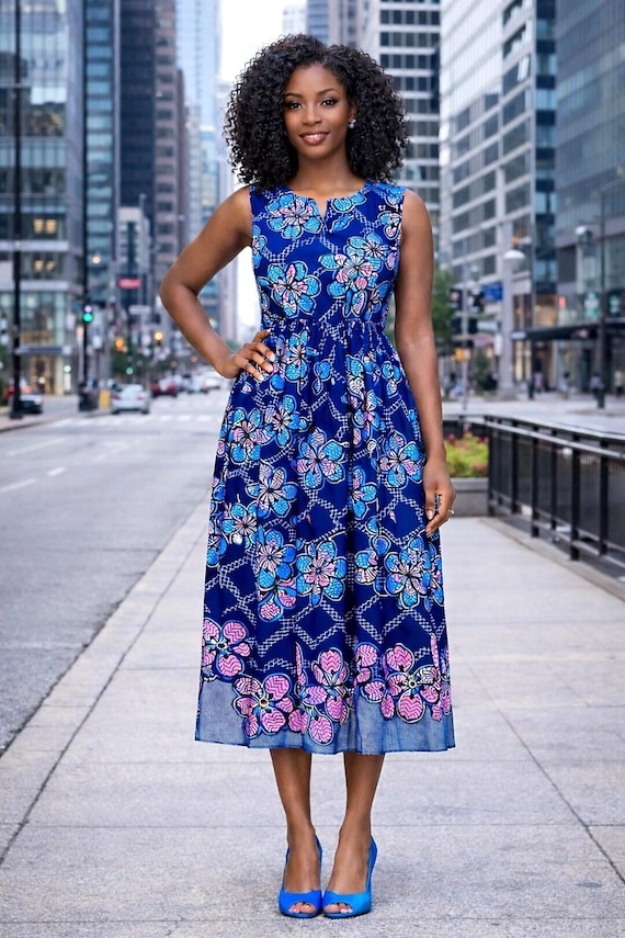 Handmade African Print Midi Dress | Blue Floral Ankara Wax Fabric