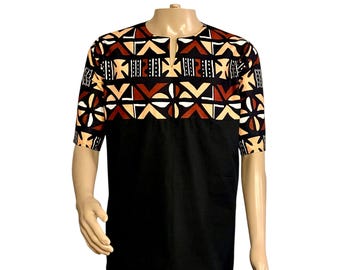 Handmade African Print Men’s Shirt, Ankara Tribal Shirt, Mudcloth-Inspired Dashiki Top, Black & Brown Geometric Tunic