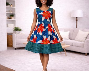 African Print Fit and Flare Midi Dress, Sleeveless Ankara Party Dress