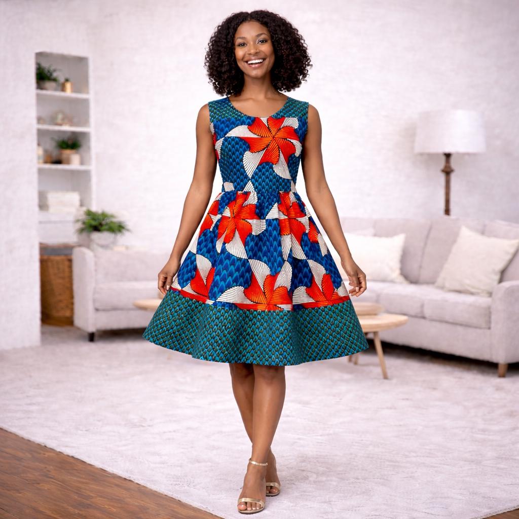 fit and flare african print dresses African Print Fit and Flare Midi Dress, Sleeveless Ankara Party Dress