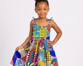 Girls African Patchwork Dress, Colorful Ankara Sundress, Tie Strap Summer Twirl Dress