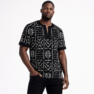 Herren Schwarz Schlammtuch Print Shirt, afrikanische Tribal Kurzarm Top, Geschenk für ihn