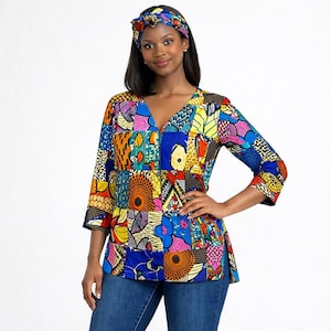 Handmade African Print Patchwork Tunic Top, Colorful Ankara V-Neck Blouse And Matching Headband