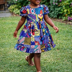 Handmade African Print Toddler Dress, Ankara Patchwork Girls Puff Sleeve, Birthday Outfit