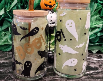 Ghost &Bat Iced Coffee Glass Can / Halloween Glass Can / Bier Can met deksel / Soda Can Glass / Iced Coffee Glass / Koffieglas Can W / Straw