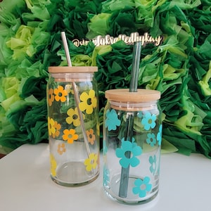 Retro Flower Glass Jar/ Daisy Cup Iced Coffee Cup Glass/ Boho Beer Glass Jar/ Daisy Coffee Glass Cup/ Iced Coffee Glass/ Can Glass With Lid